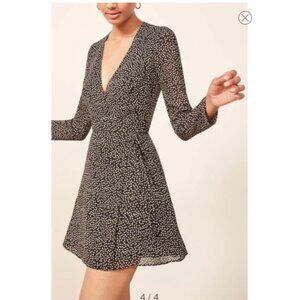 Reformation Gjelina Long Sleeve Mini Wrap Dress in Nebraska Black Floral Small